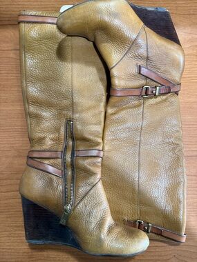 Coach Tan Leather Wedge Boots with Brown Strap Accents
